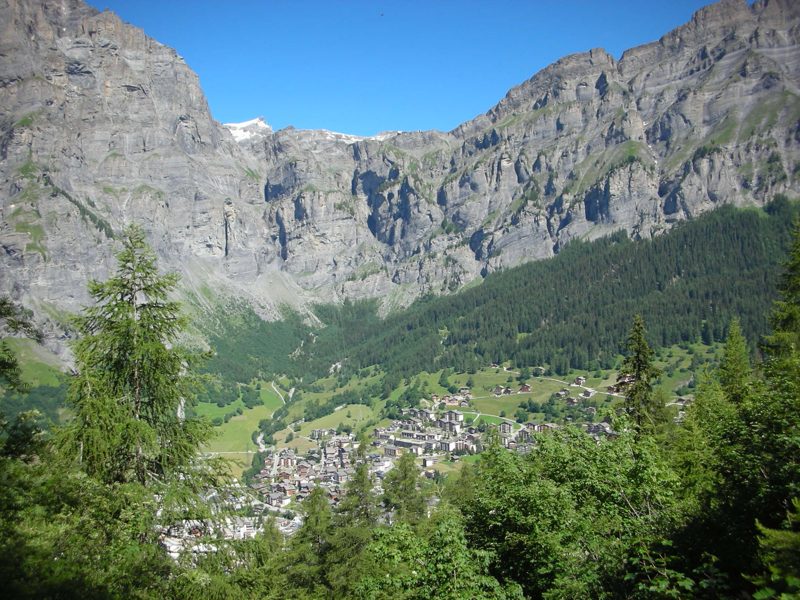 Leukerbad village beneath the Swiss Alpine cliffs
