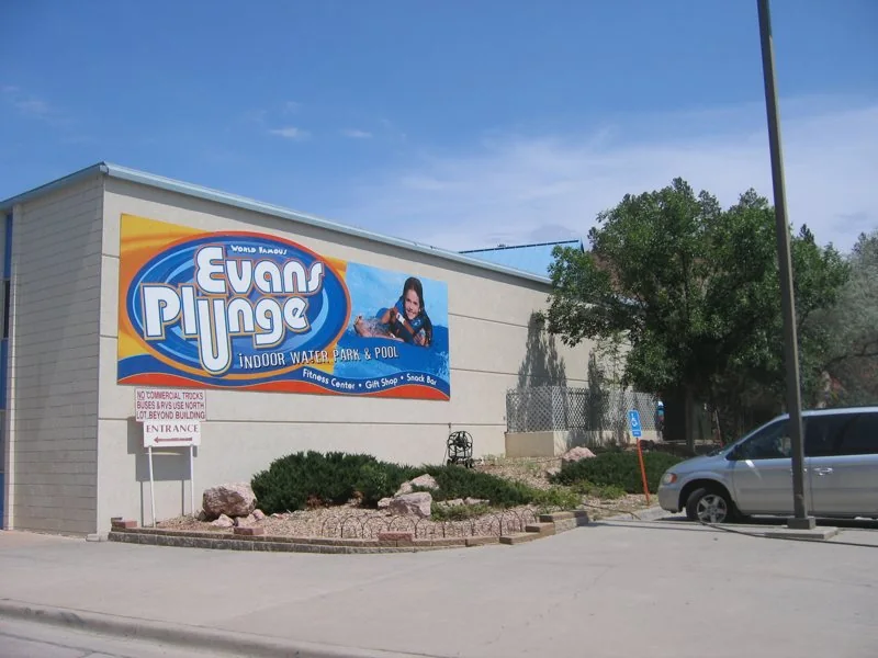 Evans Plunge building and entrance sign (archive photograph)